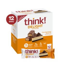 think! Delight Protein Bars, Chocolate Peanut Butter Pie, Low Sugar & Low Carb Gluten-Free Snack, Keto Friendly Snacks, 12 Count (Packaging May Vary)