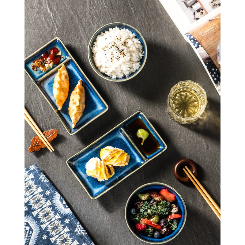 Ceramic Japanese Appetizer Sushi Plates and Bowls Set for 2