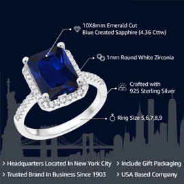 Gem Stone King 925 Sterling Silver Gemstone Birthstone Engagement Ring | Emerald Cut 10X8MM | Wedding Engagement Anniversary Promise Ring For Women | Available In Size 5, 6, 7, 8, 9
