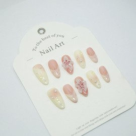 Cream White Press on Nails Luxury Handmade Medium Almond Fake Nails with Glue,Muti-Layer Gel Thick Press ons Nail Pearl ＆ Flower Art Design Reusable Acrylic False Nails for Women(Size S)