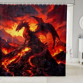 Cortinas de ducha de dragón occidental, cortinas de baño misteriosas de dragón volcán dragón para niños y niñas, hombres, cortinas impermeables de animales antiguos occidentales, 12 ganchos, 182 cm de
