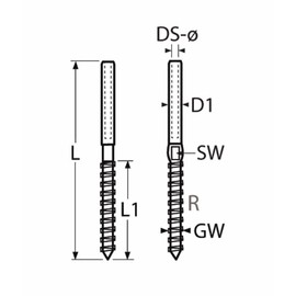 A4 AISI 316 Stainless Steel Terminal with Wood Thread, Right, 3 mm, 97 mm
