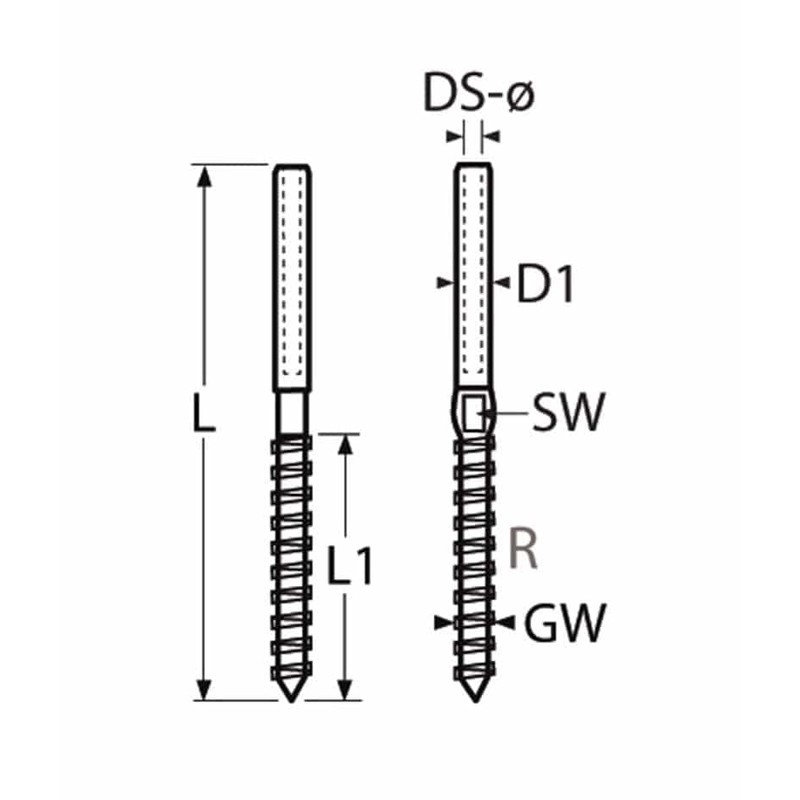 A4 AISI 316 Stainless Steel Terminal with Wood Thread, Right,