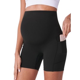 POSHDIVAH Pantalones cortos de maternidad para mujer sobre el vientre, ciclismo, entrenamiento, yoga, verano, embarazo, correr, leggings cortos de 5 pulgadas, Negro 5", XXL