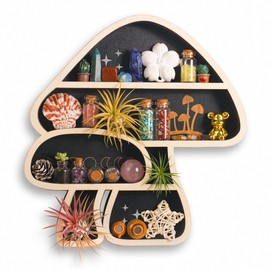 FNYDOX Cute Mushroom Decor, Wooden Floating Mushroom Shelf for Wall, Crystal Display Shelf Rock Gem Stone Display Shelf Wall Mounted
