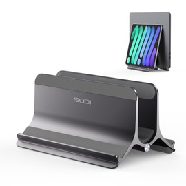 SODI Vertical Laptop Stand for Desk, Aluminum Laptop Holder Compatible with MacBook Pro, MacBook Air Stand Up to 17 inch, Gravity Auto-Lock Cooling, 3in1 Space Saving Desk Organizer Accessories, Gray