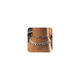 14K Gold Cuban Link Anklets for Women Dainty Paperclip Ankle Bracelet Stack Statement Anklet Trendy Cuba Chain Plus Size Non Tarnish Jewelry Gifts (Silver)