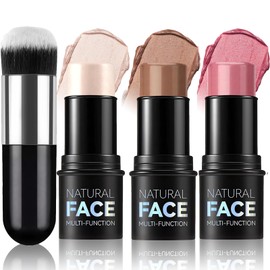 Contour, Highlight, and Blush Stick Set - 3pcs with Brush, Long-Lasting Formula, Waterproof, Lightweight, Multi-Stick Face Makeup Ideal for All Skin Types