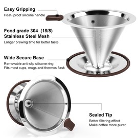 FACIACC Pour Over Coffee Dripper, Professional Stainless Steel Coffee Filter, Paperless and Reusable, Upgraded Double Micro Mesh Filter with Spoon and Silicone Tray, Cleaning Brush (1-2 Cup)