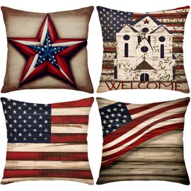 Asminifor 4th of July Flag Throw Pillow Covers Set of 4, 18x18 Inches, American Independence Day Farmhouse Flag with 3D Star Welcome Sign Rustic Wood Patriotic Home Decor for Sofa, Bed, or Porch