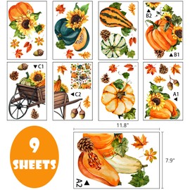 Yovkky Fall Pumpkin Gourds Sunflowers Window Clings 9 Sheets, Autumn Wheelbarrow Maple Oak Leaves Stickers Decal Decor, Harvest Thanksgiving Pine Cones Acorns Home Kitchen Decorations