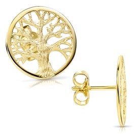 Materia Women's Stud Earrings Gold Tree of Life 925 Silver Earrings Gold-Plated Celtic Available in 9 mm or 14 mm, Sterling Silver, No Gemstone