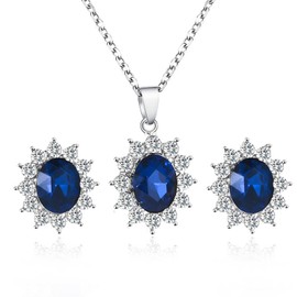 Yienate Wedding Sapphire Jewellery Sets Princess Blue Sapphire Crystal Pendant Necklace Earring Set Sunburst Zirconia Crystal Necklace Earring Stud Bridal Bridesmaid Jewellery Set for Women