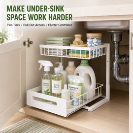 2-Tier Under Sink Organizer Pull-Out Sliding Drawer Rack, White