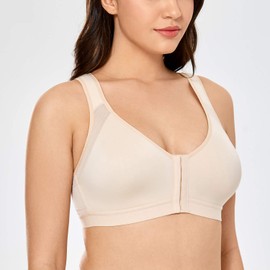 DELIMIRA Women's Full Coverage Front Closure Wire Free Back Support Posture Bra Taupe Tan 34C
