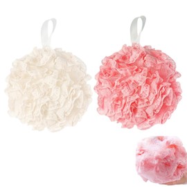 Naisfei 2 Pcs Shower Puff Large, Mesh Shower Exfoliating Bath,Sponge Soft Shower,Body Puff Shower for Skin Cleansing Scrub(White+Pink)