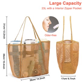 Fammart Mesh Beach Bags for Women, Sandproof Tote Bag with Zipper Pocket, Shoulder Hobo bag for Travel Essentials Pool