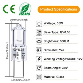 GY6.35 Light Bulbs 12V 35W JC T3/T4 Bi-pin GY6.35 Capsule Bulbs 12 Pack Crystal Clear Halogen Bulb 2 Pin Dimmable 2700K Warm White with 2 Prong GY6.35 Base for Pendant Light, Chandelier, Table Lamp