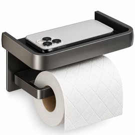 Self-Adhesive Toilet Paper Holder – No-Drill Aluminum Wall-Mounted Tissue Roll Holder with Curved Bar for Bathroom & Kitchen, Black