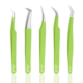 SIVOTE Lash Tweezers for Eyelash Extensions, Hand Calibrated Straight & Curved Tip, Pack of 5, Green
