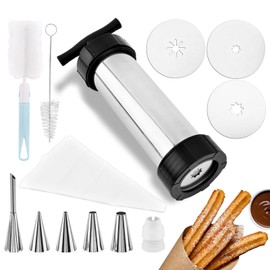 Churro Maker Kit, Stainless Steel Churro Maker with 3 Churro Maker Disc, 5 Nozzles, 1 Piping Bag, 2 Brushes and 1 Converter(COLOR:silver+black)