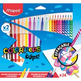 Maped Oops Color'Peps Erasable Felt Tip Pens and Colouring Pencils Set - 12 Erasable Marker Pens + 12 Erasable Pens
