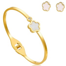 XaiYimee Lucky Five Leaf Clover Jewelry Set - Five Leaf Clover Bracelet with Matching Earrings, Women's Bracelet for Anniversary and Birthday Gifts
