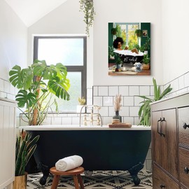 Bathroom Decor African American Wall Art Black Girl In Bathtub Canvas Wall Art Picture Modern Green Botanical Wall Decor Black Woman Framed Artwork For Bathroom Bedroom 16"X20"