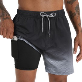 iCKER Swimming Trunks Men's Compression Liner 2 in 1 Swimming Shorts Board Shorts Quick-Drying Beach Shorts, black