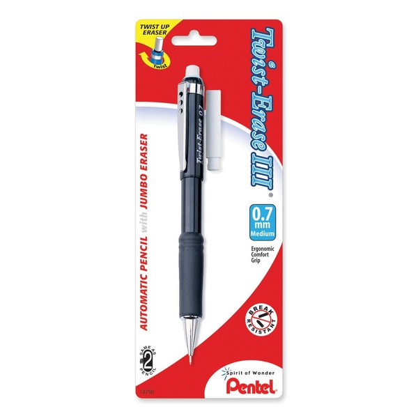 Pentel Twist-Erase III Automatic Pencil with 1 Eraser Refill, 0.7mm, Assorted Barrels, 1 Pack (QE517BP-K6)