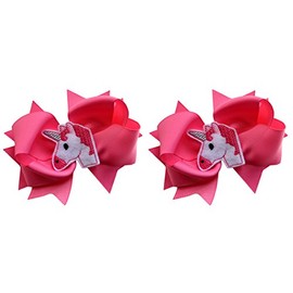 Unicorn HAIR BOW SET of Matching 4.5 Inch Bows for Girls By Funny Girl Designs (Hot Pink Bows - Set of 2)