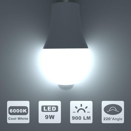 Motion Sensor LED Light Bulbs A19 E26 9W PIR Built-in IR 60 watt Equivalent Bright 900 Lumens for Garage, Closet, Porch, Stairs,2 Packs - Color: 6000K Cool White