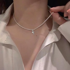 Stocking Stuffers Gifts for Women Sliver Necklace for Women Simple Sliver Rhinestone Cross Square Pendant Necklace Sliver Layered Chain Necklaces Dainty CZ Solitaire Choker Necklaces Trendy Jewelry Gifts for Women Girls