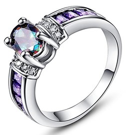 Psiroy 925 Sterling Silver Plated Oval Simulated Rainbow Topaz Ring for Women Size 9