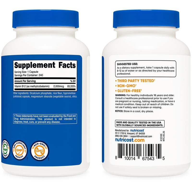Nutricost Vitamin B12 (Methylcobalamin) 2000mcg, 240 Capsules - Vegetarian Caps,