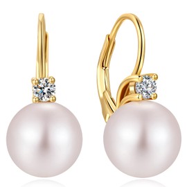 Pearl Earring Women Pearl Diamond Earrings Pearl Leverback Earring Silver Pearl Earring Sterling Silver Pearl Earrings for Women Gold Plated Pearl Dangling Earrings Pearl Drop Earring 10MM ZDaoBen
