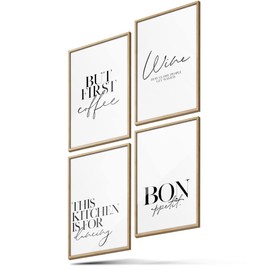 BLCKART Poster Set Kitchen - 4 Modern Wall Pictures with Sayings - Premium Poster for Dining Room - Pictures for Wall Decoration - Size A4