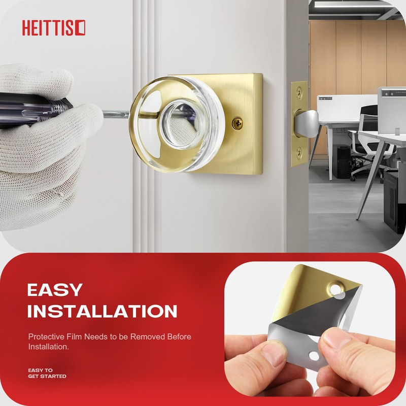 Heittis 2 Pack Gold Glass Door Knobs Interior,Round Interior Crystal