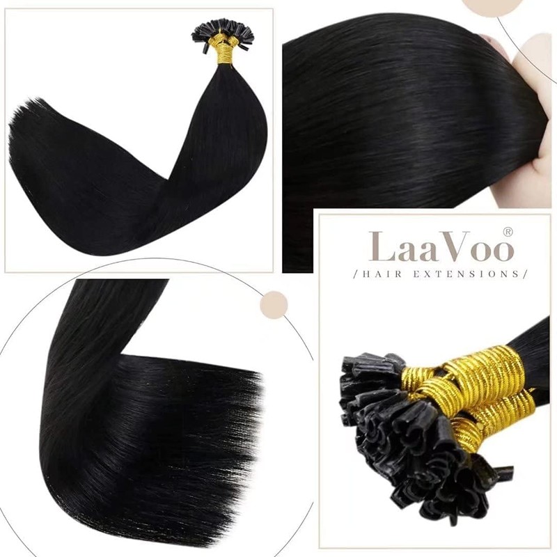 LaaVoo Bonded Real Hair Extensions, Keratin, Remy Hair, Black, 45