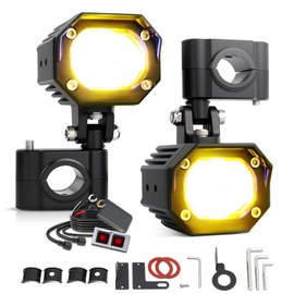 Motorcycle Fog Lights LED 60W 20000LM Auxiliary Driving Light - 7 Lighting Modes (White/Amber), IP68 Waterproof Spot Pod Lights Kit Universal Fit for Motorcycles ATV UTV, 2PCS (MT05-FX-pair)