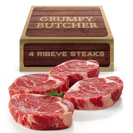 Grumpy Butcher Large Ribeye Steaks, 4 Pack (12 oz each) - Prime Steakhouse Beef Ribeye Steak Meat - Birthday Gifts for Men in Grumpy Butcher Meat Gift Packages Specials Option