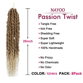 NAYOO Passion Twist Hair - 8 Packs 20 Inch Passion Twist Crochet Hair For Women, Crochet Pretwisted Curly Hair Passion Twists Synthetic Braiding Hair Extensions (20 Inch 8 Packs, T27/613)