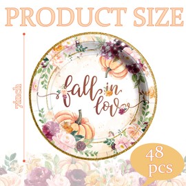 HAKOTI Fall in Love Party Decorations 48Pcs Fall Paper Plates Pumpkin Floral Theme Disposable Dessert Paper Plates Set for Fall Bridal Shower Wedding Anniversary Party（7Inch）