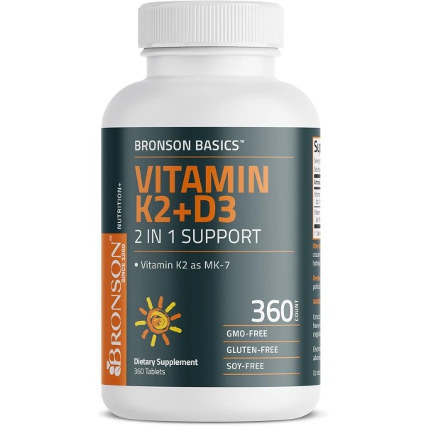 Bronson Basics Vitamin K2 D3 (MK7) Supplement Non-GMO 360 Count