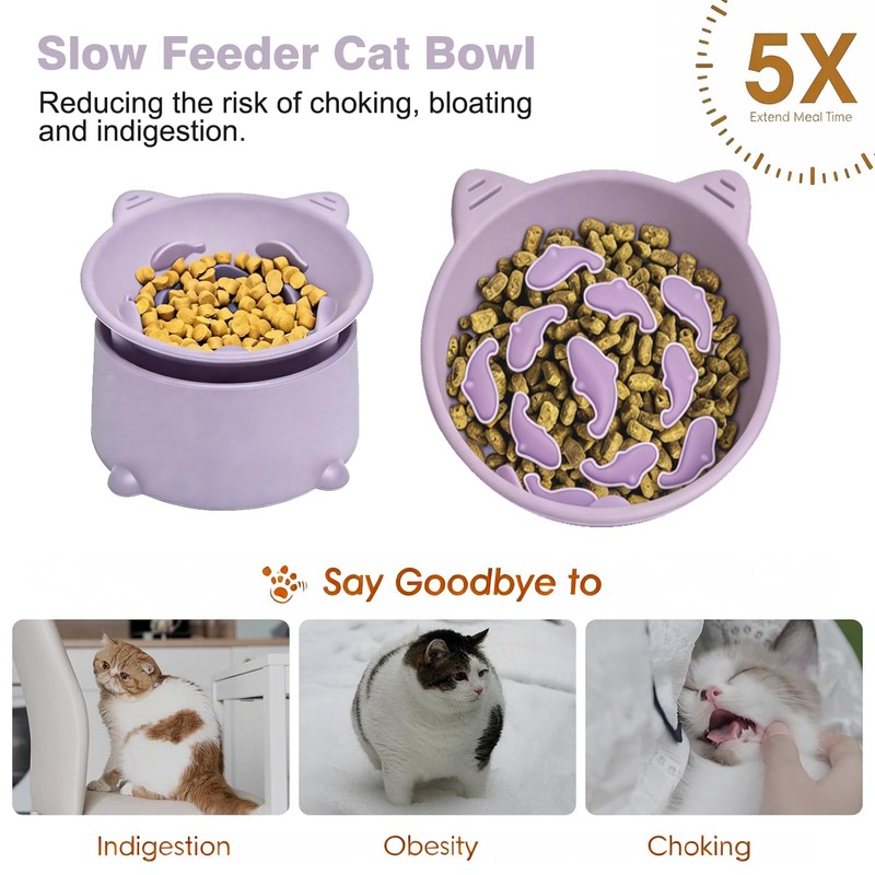 Silicone Slow Feeder Cat Bowl, 5.4'' Elevated Cat Slow Feeder