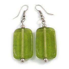 55mm Tall Lime Green Glass Square Drop Earrings