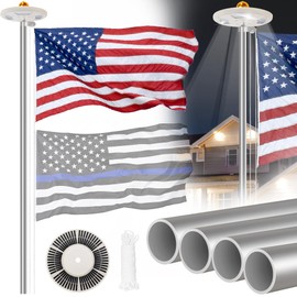 25FT Sliver Flag Pole Kit with Solar Light in Ground, 13 Gauge Extra Thick Aluminum Flagpole with 3x5 TearProof Embroidered American Flag and 126 LED Light