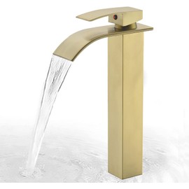 Tall Bathroom Vessel Faucet Champagne Bronze, Waterfall Tall Gold Bathroom Faucet Single Handle 1 Hole Lavatory Sink Bowl Mixer Tap with Rectangular Spout Lavatory Faucet (Brushed Gold)
