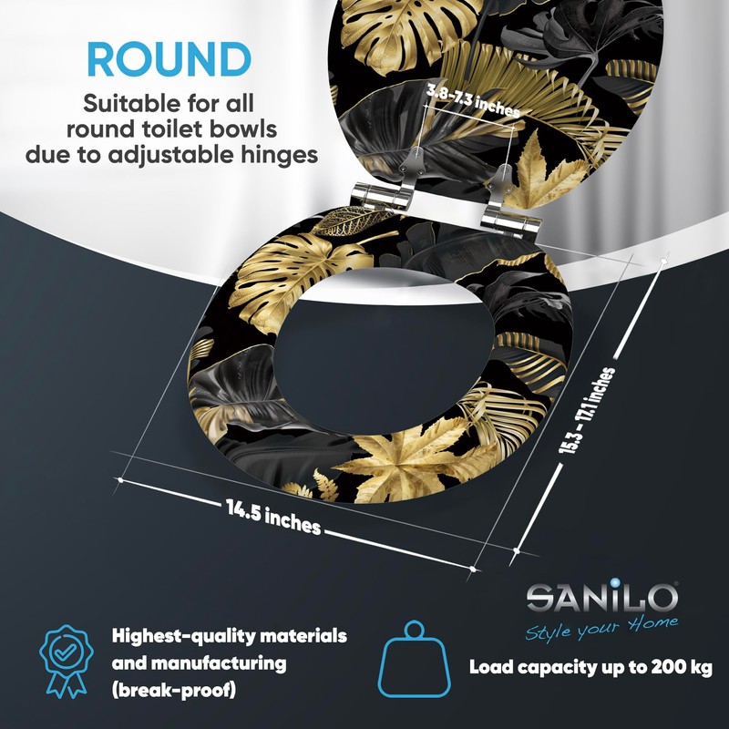 SANILO Wooden Toilet Seat with Soft Close [ROUND] - Decorative,