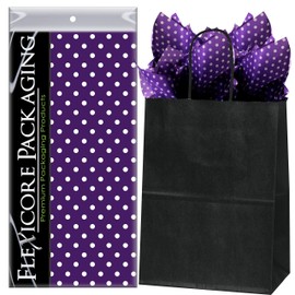 Flexicore Packaging Black Kraft Paper Gift Bags & Purple Gift Wrap Tissue Paper | Size: 8 Inch X 4.75 Inch X 10.5 Inch | Count: 50 Bags | Color: Purple Polka Dot